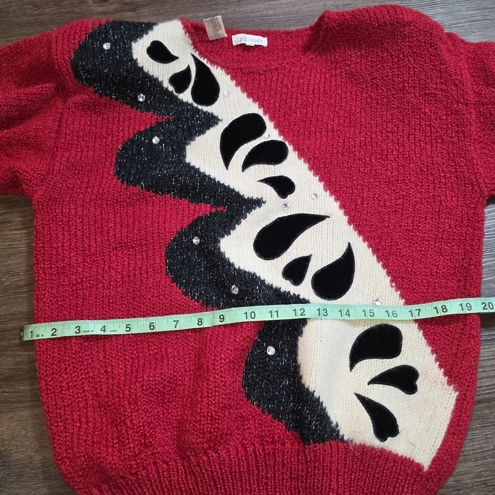 Vtg Albee Angora Blend Red Sweater w/ Velvet Appliqué & Sequins – Abstract 80s M - Picture 7 of 10